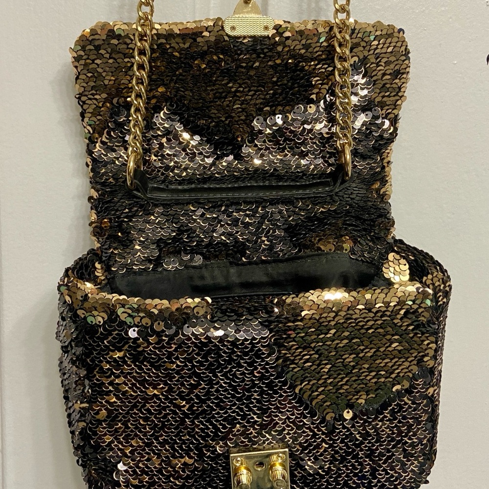 Neiman Marcus Black Sequin Crossbody with Gold Chain